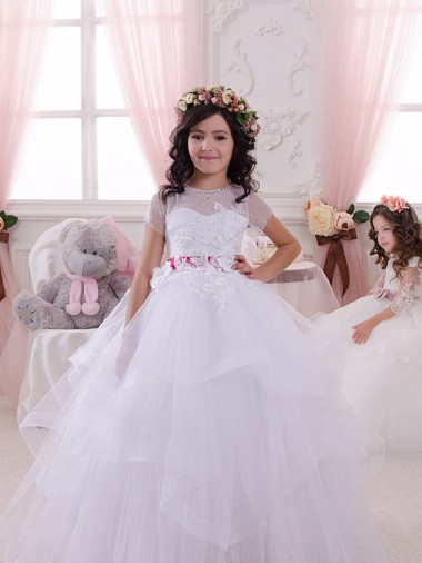 Short Sleeves Long Tulle & Lace Ivory Sweetheart Ball Gown Little Flower Girl Dress Colchester