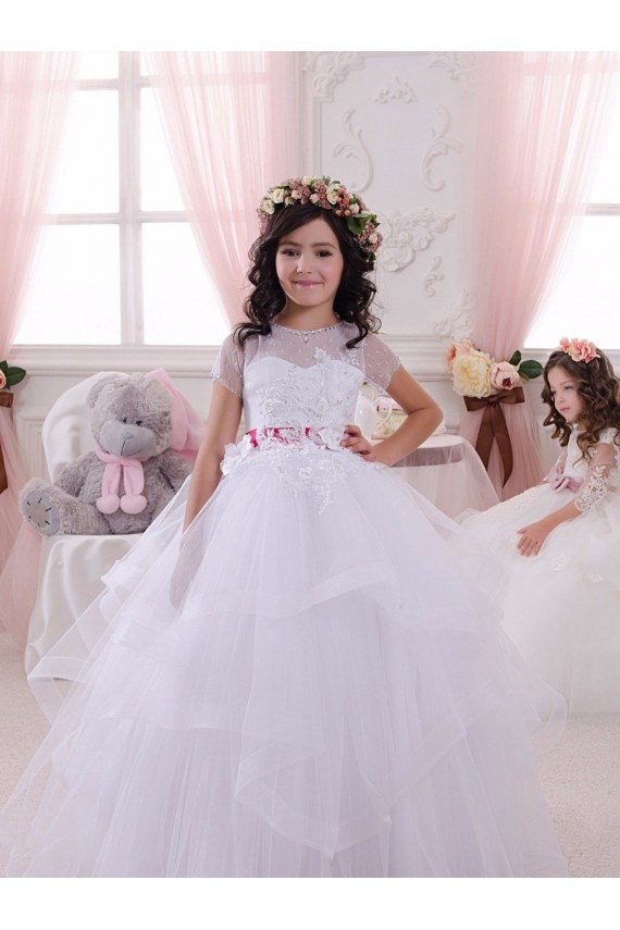 Short Sleeves Long Tulle & Lace Ivory Sweetheart Ball Gown Little Flower Girl Dress Colchester