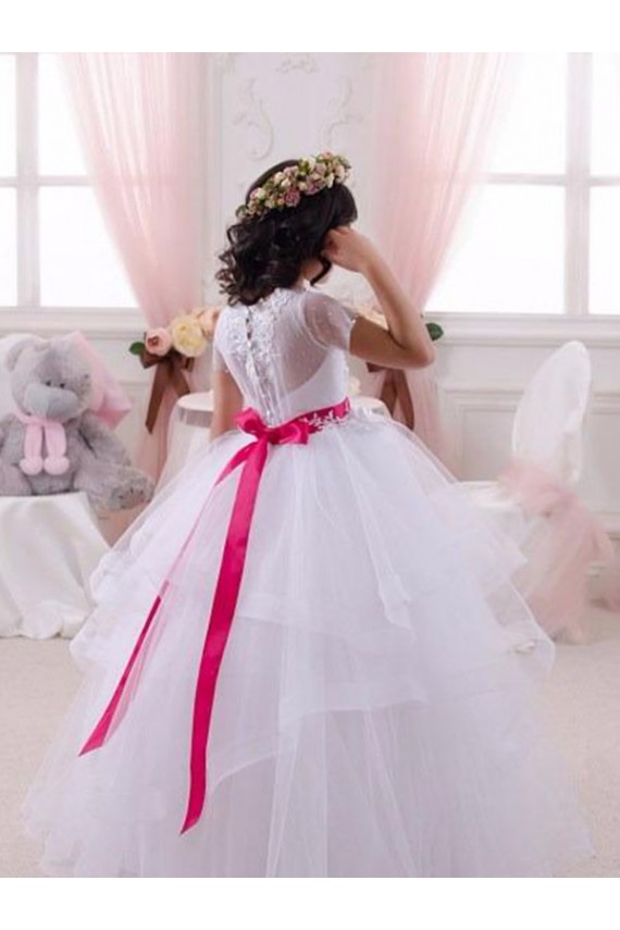 Short Sleeves Long Tulle & Lace Ivory Sweetheart Ball Gown Little Flower Girl Dress Colchester