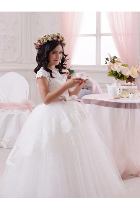 Long Sleeveless Tulle & Lace Ivory Ball Gown Flower Girl Dresses Colchester