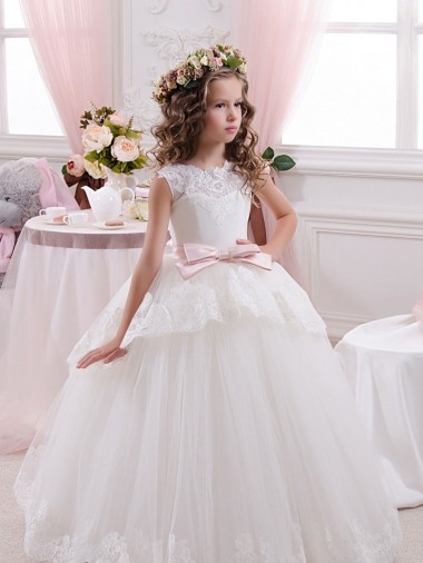 Chapel Train Sleeveless Tulle & Lace Ivory Ball Gown Flower Girl Dress for Wedding Colchester