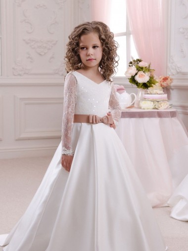 Chapel Train Long Sleeves Satin & Lace Ivory Ball Gown Flower Girl Dress Colchester