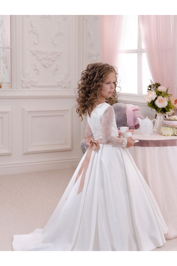 Chapel Train Long Sleeves Satin & Lace Ivory Ball Gown Flower Girl Dress Colchester