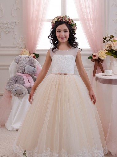 Long Sleeveless Tulle & Lace Ivory & Champagne Ball Gown Flower Girl Dresses for Wedding Colchester