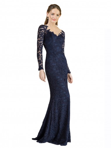 Long Long Sleeves Lace Dark Navy Mermaid Prom Dress / Bridesmaid Dress Colchester