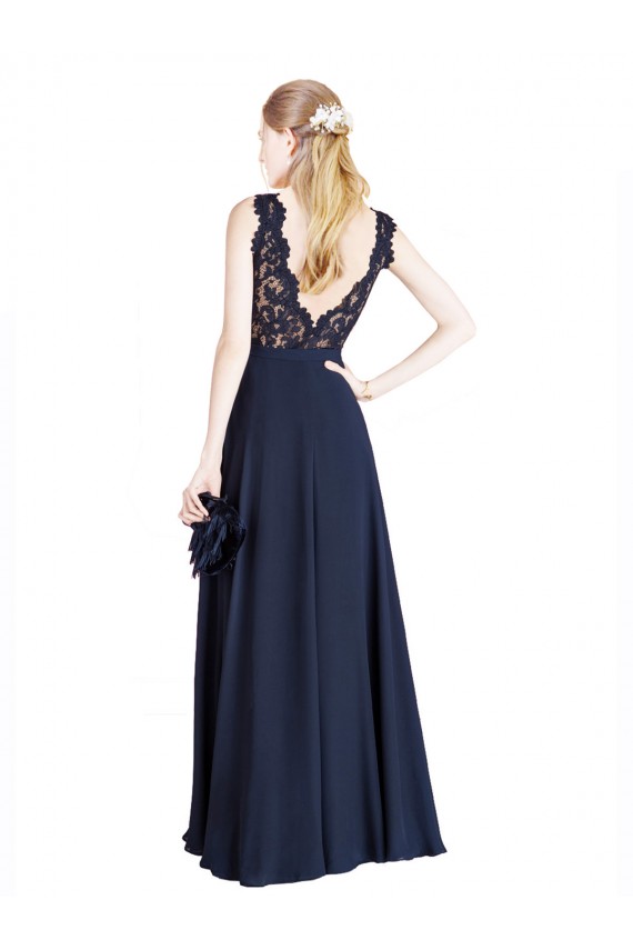 Long Sleeveless Soft Chiffon & Lace Dark Navy A-Line Prom Dress / Bridesmaid Dress Colchester