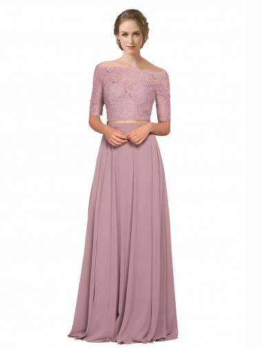 Short Sleeves Long Soft Chiffon & Lace A-Line Prom Dress / Bridesmaid Dress Colchester
