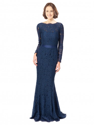 Sweep Train Long Sleeves Lace Dark Navy Mermaid, Sheath Bridesmaid Dress Colchester