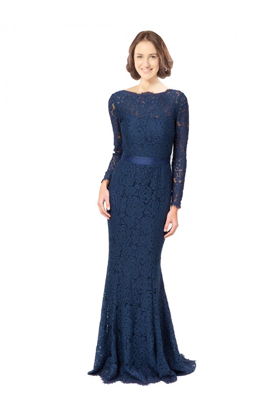 Sweep Train Long Sleeves Lace Dark Navy Mermaid, Sheath Bridesmaid Dress Colchester