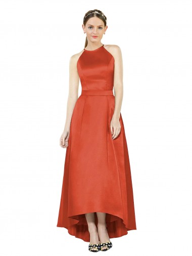 Sleeveless Satin Spice Red A-Line High Low Bridesmaid Dress Colchester