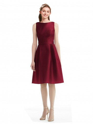 Knee Length Sleeveless Satin Burgundy A-Line Bridesmaid Gown Colchester