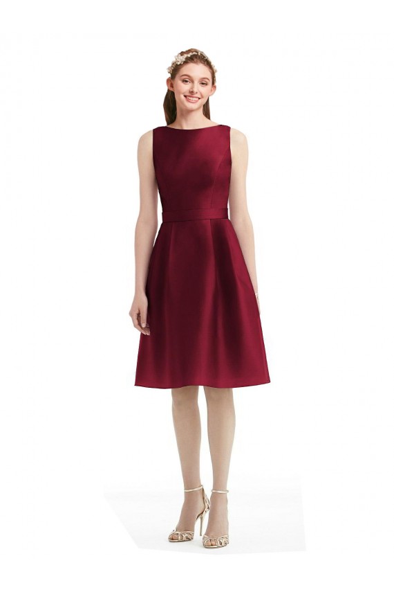 Knee Length Sleeveless Satin Burgundy A-Line Bridesmaid Gown Colchester