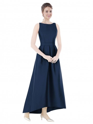 Long Sleeveless Satin Dark Navy A-Line High Low Bridesmaid Dress Colchester