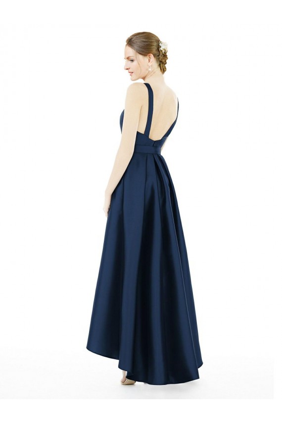 Long Sleeveless Satin Dark Navy A-Line High Low Bridesmaid Dress Colchester
