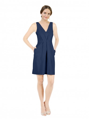 Knee Length Sleeveless Satin Dark Navy A-Line Evening Gown / Bridesmaid Dress Colchester