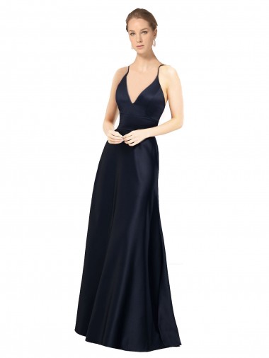 Long Sleeveless Satin Dark Navy A-Line Prom Dress / Bridal Party Dress Colchester