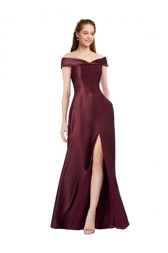 Long Cap Sleeves Satin Burgundy Gold A-Line Black Tie Evening Gown / Prom Dress / Bridesmaid Dress Colchester