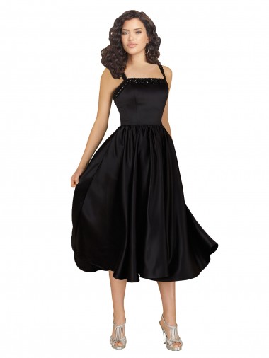 Knee Length Sleeveless Satin Black A-Line Prom Dress / Bridesmaid Dress Colchester