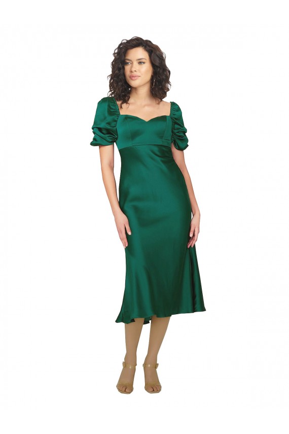 Midi Length Short Sleeves Silk like Satin Hunter A-Line Formal Evening Gown / Prom Dress / Bridesmaid Dress Colchester