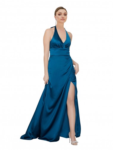 Long Sleeveless Silk like Satin Peacock Blue A-Line Formal Evening Gown / Prom Dress / Bridesmaid Dress Colchester