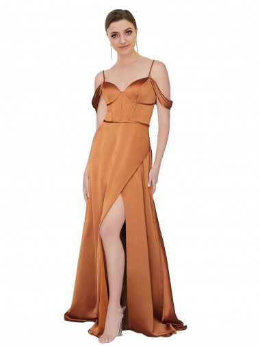 Long Cold Shoulder Silk like Satin Orange A-Line Formal Evening Gown / Prom Dress / Bridesmaid Dress Colchester