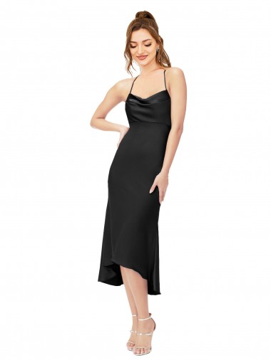 Midi Length Sleeveless Silk like Satin Black Sheath High Low Evening Gown / Prom Dress / Bridesmaid Dress Colchester
