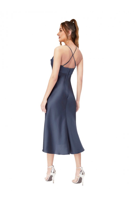 Midi Length Sleeveless Silk like Satin Black Sheath High Low Evening Gown / Prom Dress / Bridesmaid Dress Colchester