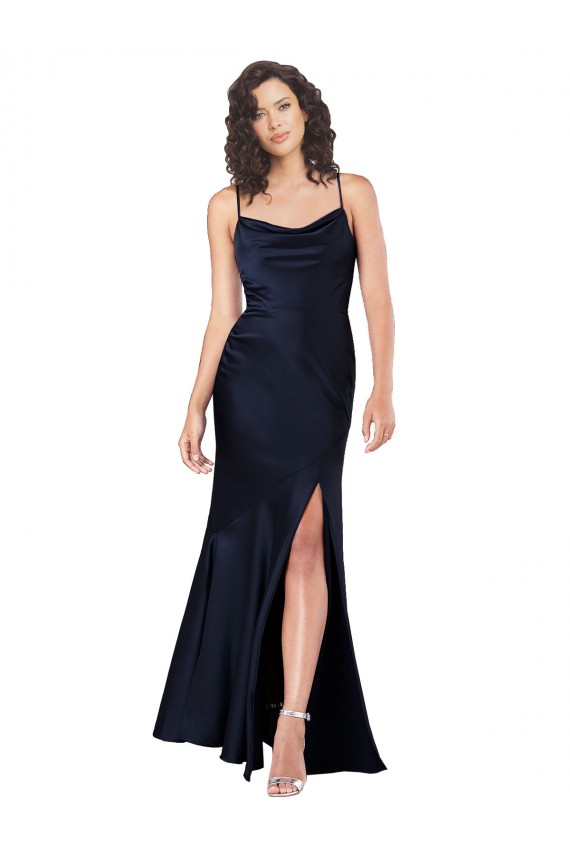 Long Sleeveless Silk like Satin Dark Navy A-Line Black Tie Evening Gown / Prom Dress / Bridesmaid Dress Colchester