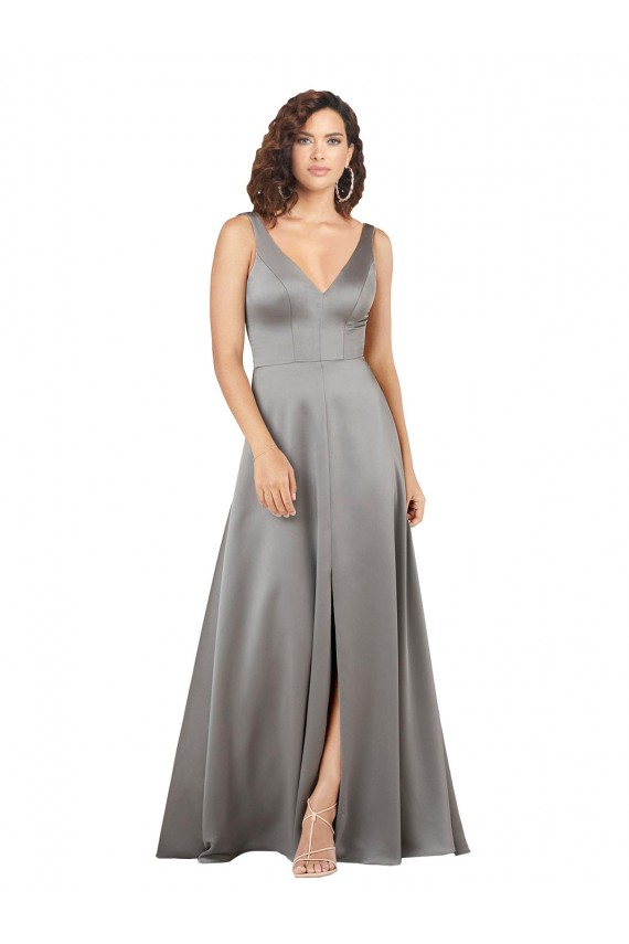Long Sleeveless Silk like Satin Pearl Grey A-Line Formal Evening Gown / Prom Dress / Bridesmaid Dress Colchester