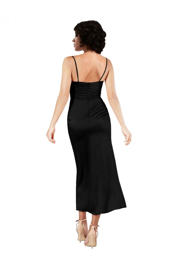 Tea Length Sleeveless Silk like Satin Black A-Line Formal Evening Gown / Prom Dress / Bridesmaid Dress Colchester