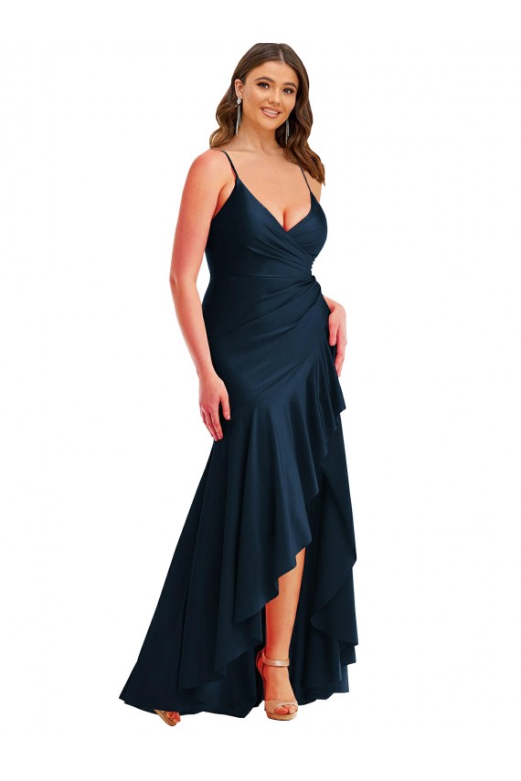 Long Sleeveless Silk like Satin Dark Navy Mermaid High Low Plus Size Evening Gown / Prom Dress / Bridesmaid Dress Colchester