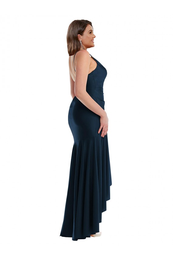 Long Sleeveless Silk like Satin Dark Navy Mermaid High Low Plus Size Evening Gown / Prom Dress / Bridesmaid Dress Colchester