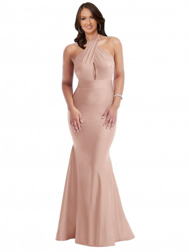 Long Sleeveless Silk like Satin Dusty Pink Halter Neck Mermaid Formal Plus Size Evening Gown / Prom Dress / Bridesmaid Dress Colchester