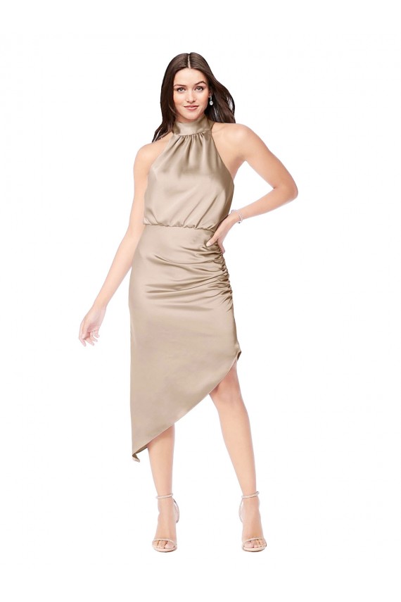 Midi Length Sleeveless Silk like Satin Champagne Pink A-Line High Low Prom Dress / Bridesmaid Dress Colchester
