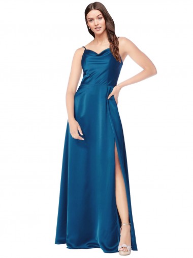 Long Sleeveless Silk like Satin Peacock Blue Spaghetti Straps A-Line Formal Evening Gown / Prom Dress / Bridesmaid Dress Colchester