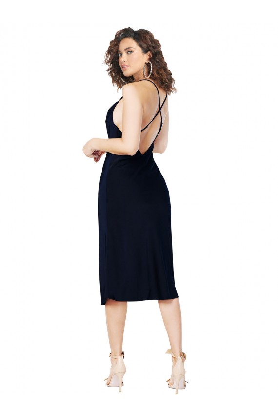 Midi Length Sleeveless Silk like Satin Dark Navy Spaghetti Straps A-Line Formal Evening Gown / Prom Dress / Bridesmaid Dress Colchester