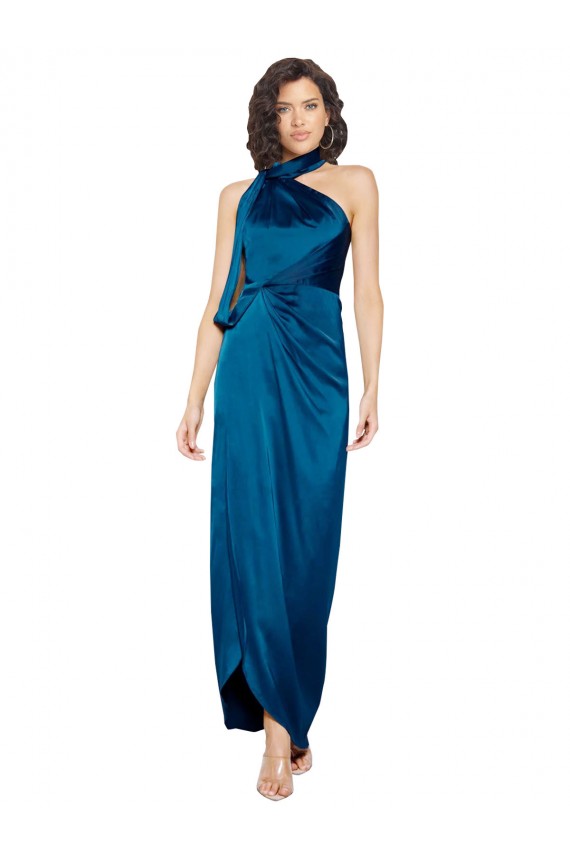 Long Sleeveless Silk like Satin Peacock Blue Sheath Formal Evening Gown / Prom Dress / Bridesmaid Dress Colchester