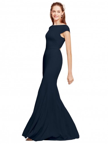 Long Sleeveless Stretch Crepe Dark Navy Boat Neck A-Line Formal Evening Gown / Prom Dress / Bridesmaid Dress Colchester