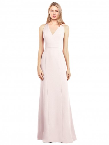 Long Sleeveless Stretch Crepe Pink V-Neck Trumpet Semi Formal Evening Dress / Prom Dress / Bridesmaid Dress Colchester