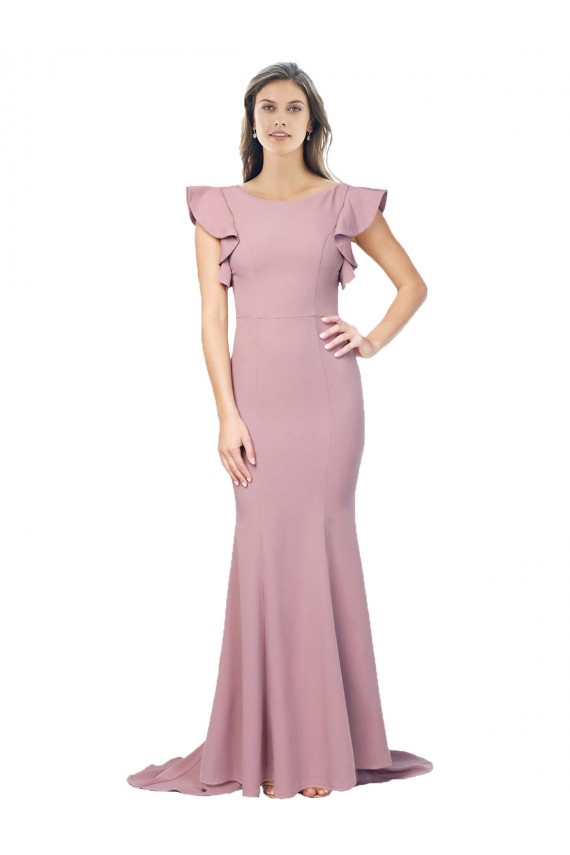 Sweep Train Flutter Sleeves Stretch Crepe Dusty Pink Mermaid Formal Evening Gown / Prom Dress / Bridesmaid Dress Colchester