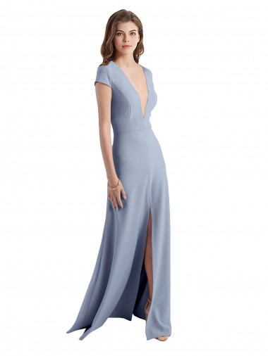 Long Cap Sleeves Stretch Crepe Smoke Blue Sheath Prom Dress / Bridesmaid Dress Colchester