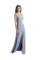 Long Cap Sleeves Stretch Crepe Smoke Blue Sheath Prom Dress / Bridesmaid Dress Colchester
