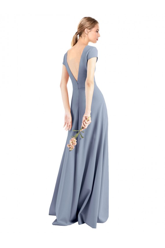 Long Cap Sleeves Stretch Crepe Smoke Blue Sheath Prom Dress / Bridesmaid Dress Colchester