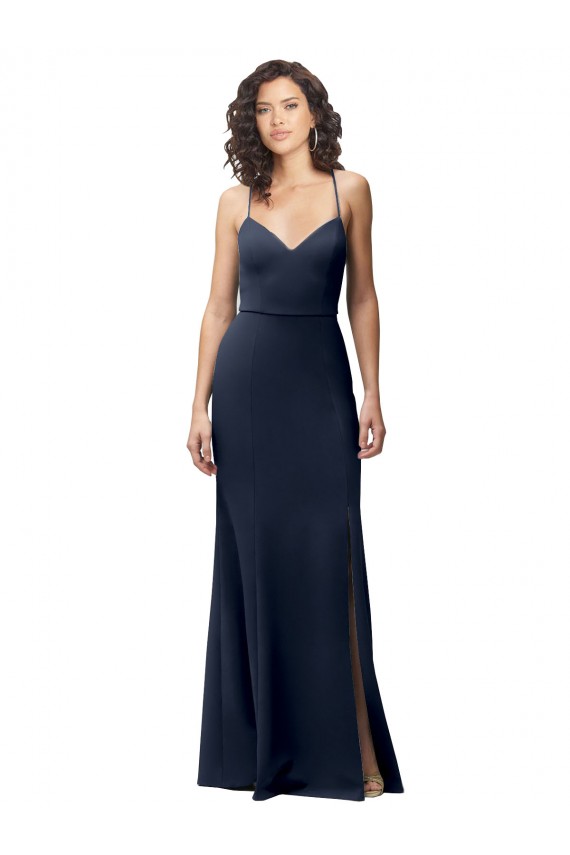 Long Sleeveless Stretch Crepe Dark Navy Spaghetti Straps Sheath Formal Evening Gown / Prom Dress / Bridesmaid Dress Colchester