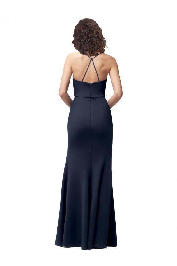 Long Sleeveless Stretch Crepe Dark Navy Spaghetti Straps Sheath Formal Evening Gown / Prom Dress / Bridesmaid Dress Colchester