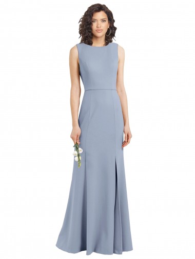 Long Sleeveless Stretch Crepe Smoke Blue Sheath Bridesmaid Dress Colchester