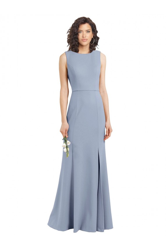 Long Sleeveless Stretch Crepe Smoke Blue Sheath Bridesmaid Dress Colchester