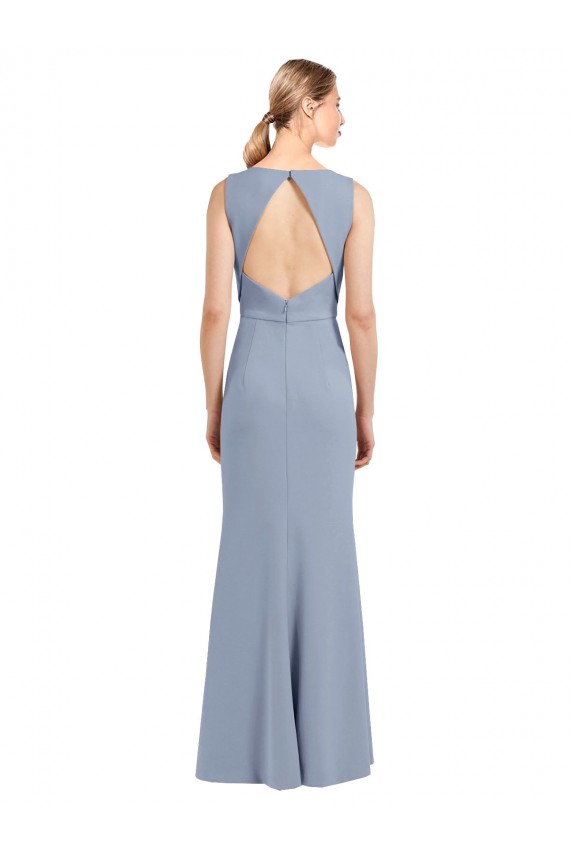 Long Sleeveless Stretch Crepe Smoke Blue Sheath Bridesmaid Dress Colchester