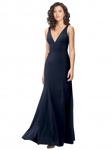 Long Sleeveless Stretch Crepe Dark Navy V-Neck A-Line Formal Dress / Bridesmaid Dress Colchester