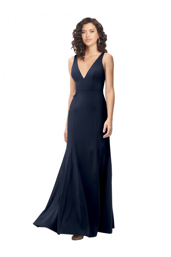 Long Sleeveless Stretch Crepe Dark Navy V-Neck A-Line Formal Dress / Bridesmaid Dress Colchester